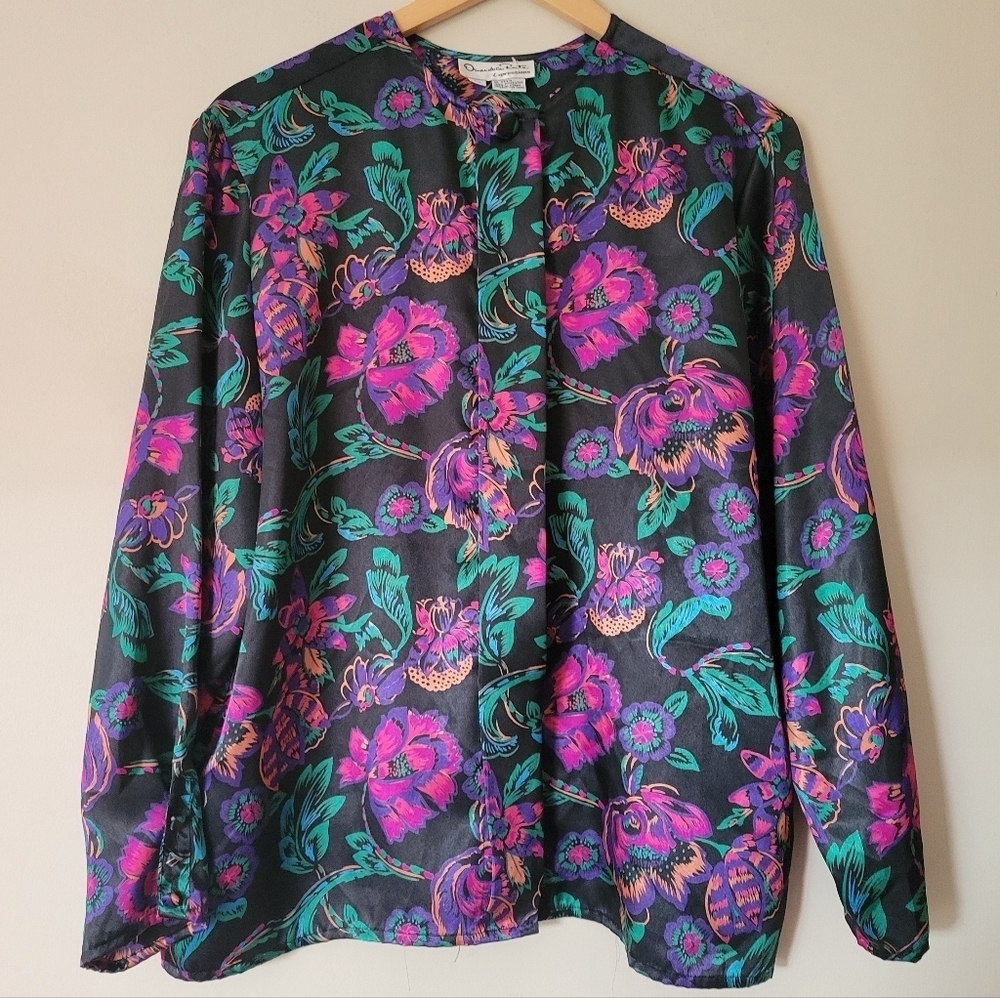 Vintage 80s Oscar De La Renta Dark Floral Satin Long Sleeve Blouse Size 14